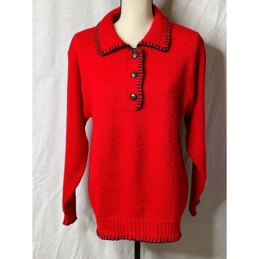 ABEL by Eurafric Vintage Red Black Trim Pullover Quarter Front Button Sweater *